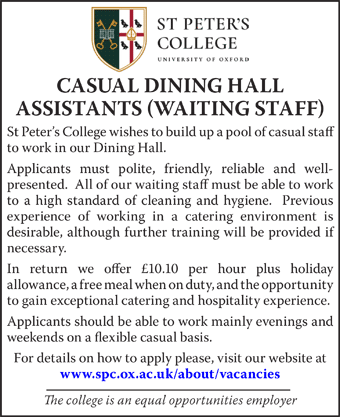 St Peter's College seeks Casual Dining Hall Assistants