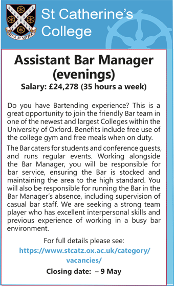 St Catherineâ€™s College seeks Assistant Bar Manager (evenings)
