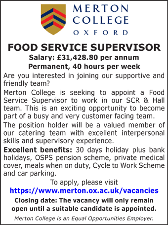 Merton College seek Food Service Supervisor Merton College seek Food Service Supervisor