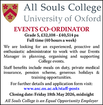 All Souls College seek an Events Co-ordinator