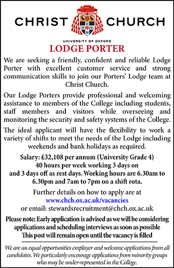Christ Church, Oxford seek a Lodge Porter