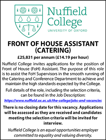 Nuffield College seek FRONT OF HOUSE ASSISTANT (CATERING)