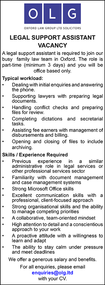 Oxford Law Group seeks LEGAL SUPPORT ASSISTANT 