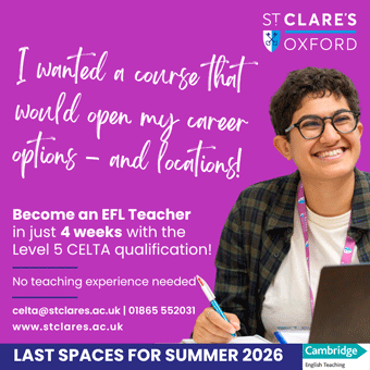 Become an EFL Teacher in just 4 weeks with the Level 5 CELTA qualification at St Clare's. Last spaces for Summer 2026.