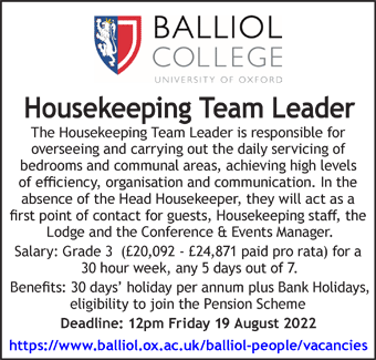 Balliol College seek a Housekeeping Team Leader