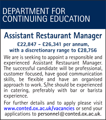 Department for Continuing Education seek an Assistant Restaurant Manager