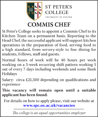 St Peter's College seek a Commis Chef