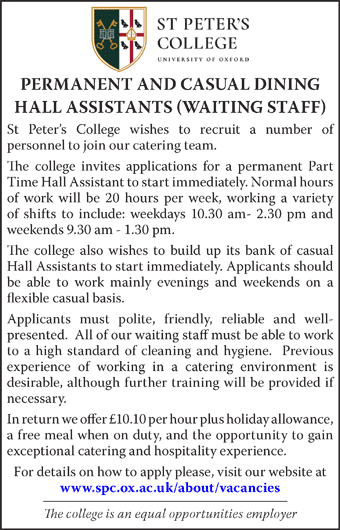 St Peter's College seek Permanent and Casual Dining Hall Assistants (Waiting Staff) 