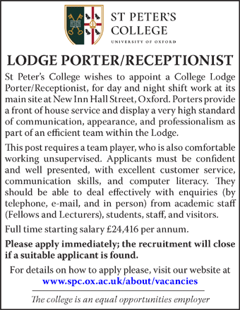 St Peter's College seek Lodge Porter/Receptionist 