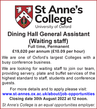 St Anneâ€™s College Oxford seeks Dining Hall General Assistant 
