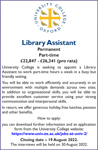 University College Oxford seeks Library Assistant