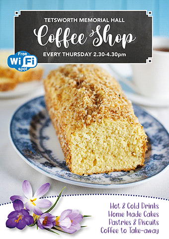 Tetsworth Memorial Hall Coffee Shop, every Thursday 2.30-4.30pm