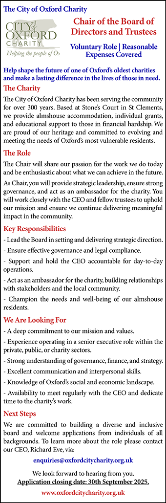 City of Oxford Charity seeks a Chair of the Board  of Directors and Trustees