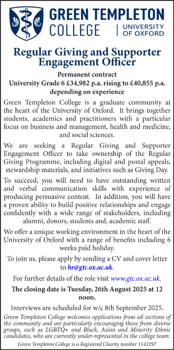 Green Templeton College seeks Regular Giving and Supporter Engagement Officer