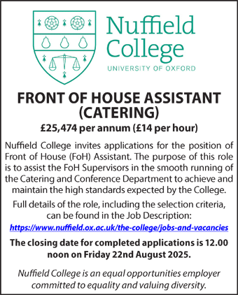 Nuffield College seek FRONT OF HOUSE ASSISTANT (CATERING)