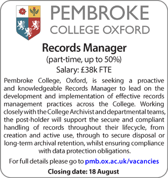 Pembroke College seeks Records Manager (part time)
