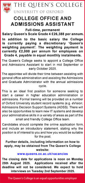 The Queen's College seek College Office and Admissions Assistant