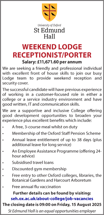 St Edmund Hall seeks WEEKEND LODGE RECEPTIONIST/PORTER