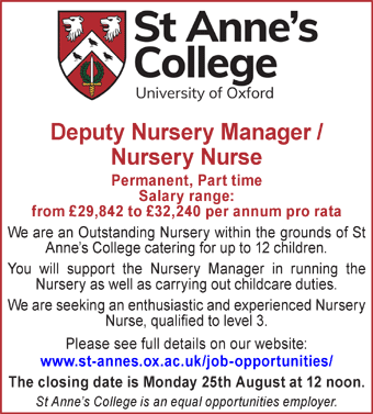 St Anneâ€™s College Oxford seeks Deputy Nursery Manager /  Nursery Nurse