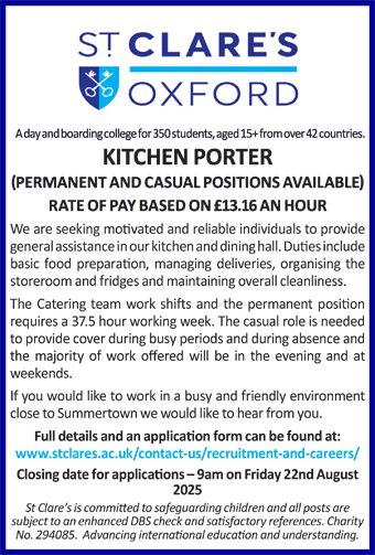 St Clare's seeks Kitchen Porter Permanent and Casual