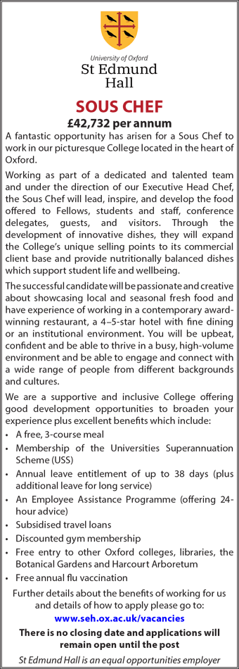 St Edmund Hall seeks Sous Chef