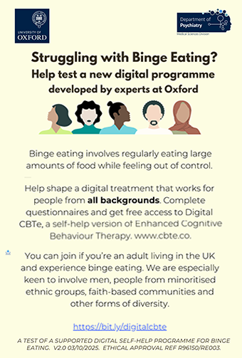 Struggling with Binge Eating? Take part in a digital CBTe study to help shape treatment that works for everyone Struggling with Binge Eating? Take part in a digital CBTe study to help shape treatment that works for everyone
