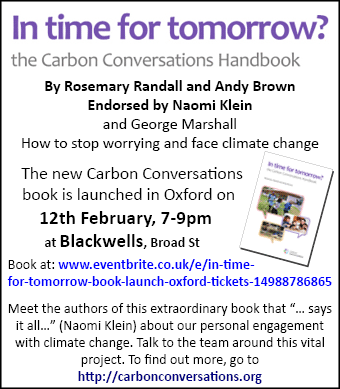 The new Carbon Conversations book In Time For Tomorrow? is launched in Oxford on 12th February, 7-9pm at Blackwells, Broad St