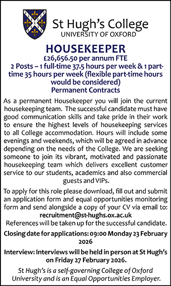 St Hugh's College seek Housekeeper