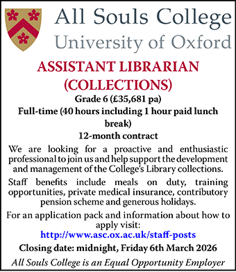 All Souls College seek Assistant Librarian (Collections)