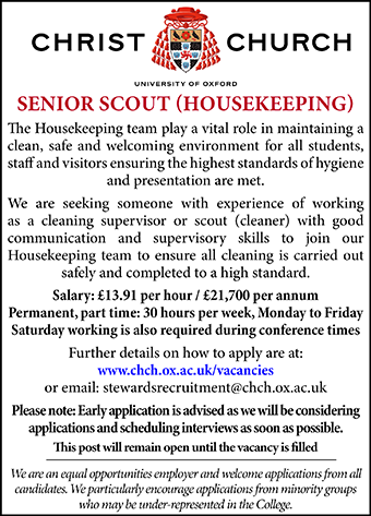 Christ Church, Oxford seek a Senior Scout (Housekeeping)