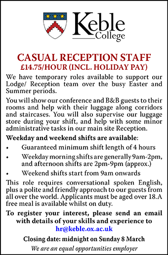 Keble College seeks Casual Reception Staff