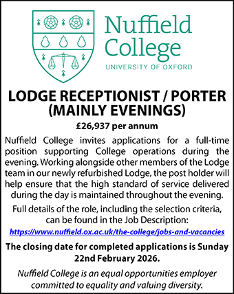 Nuffield College seek Lodge Receptionist / Porter (Mainly evenings)