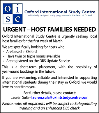 Oxford International Study Centre seeks Host families urgently