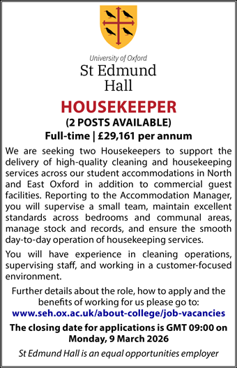 St Edmund Hall seek 2 full-time Housekeepers