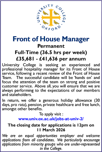 University College Oxford seeks Front of House Manager