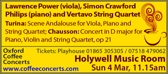 Coffee Concerts: Lawrence Power (viola), Simon Crawford Philips (piano) and Vertavo String Quartet, Sunday 4th March