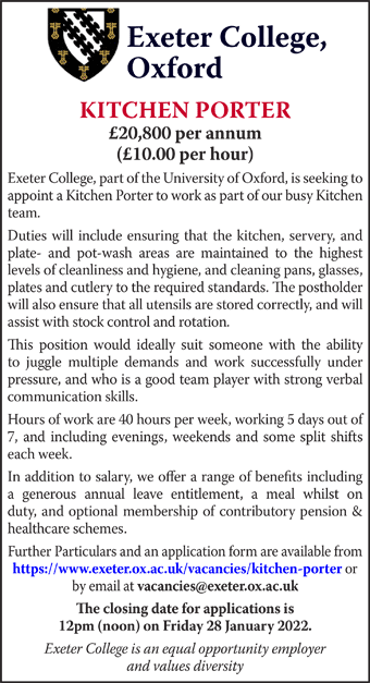 Exeter College seek a Kitchen Porter