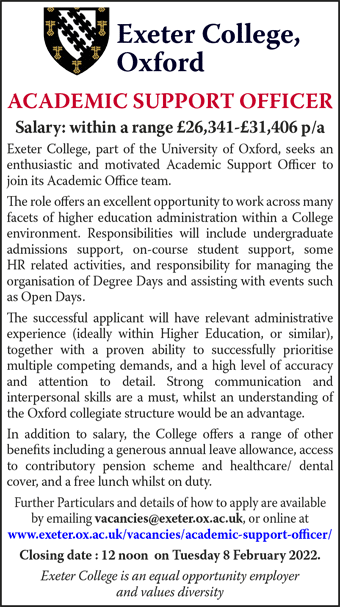 Exeter College seek an Academic Support Officer