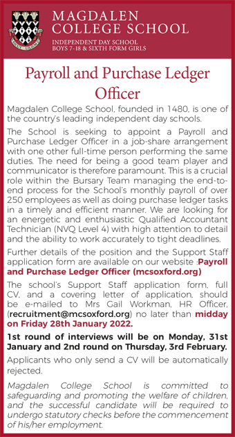 Magdalen College School seek a Payroll and Purchase Ledger Officer