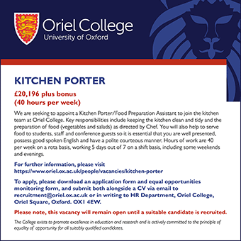 Oriel College seek Kitchen Porter