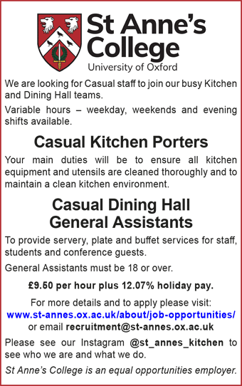 St Anneâ€™s College Oxford seeks Kitchen Porters and Dining Hall Assistants