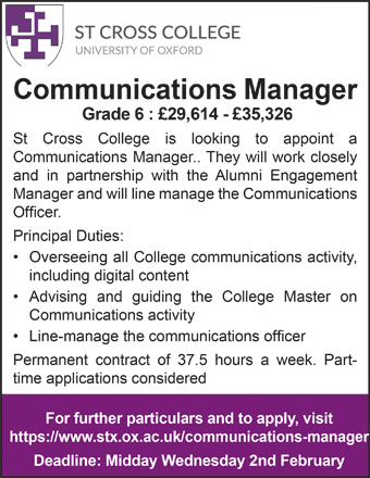 St Cross College is looking to appoint a Communication Manager
