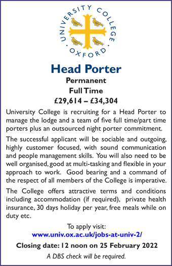 University College Oxford seeks a Head Porter, full time, Â£29,614 â€“ Â£34,304