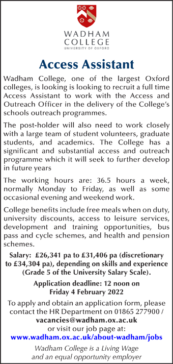 Wadham College seek an Access Assistant