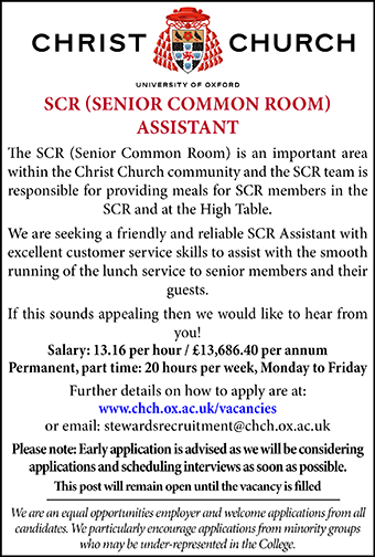 Christ Church, Oxford seek a SCR (Senior Common Room) Assistant
