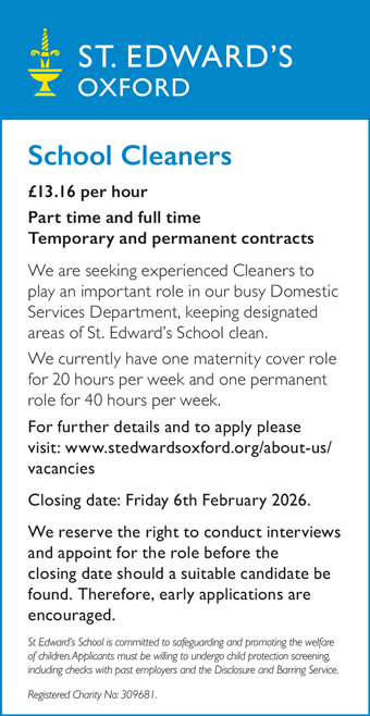 St Edward's Oxford seek School Cleaners, part and full-time