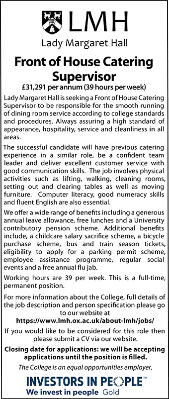Lady Margaret Hall seeks Front of House Catering Supervisor
