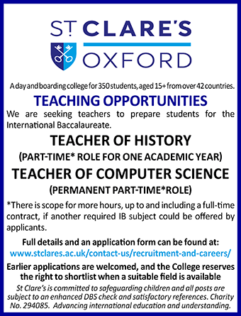 St Clare's seeks Teacher of History and Teacher of Computer Science