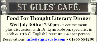 St Giles Cafe Dining Club present Food For Thought - 5 course meal and literary discussion, Wed 30th July at 7.30pm