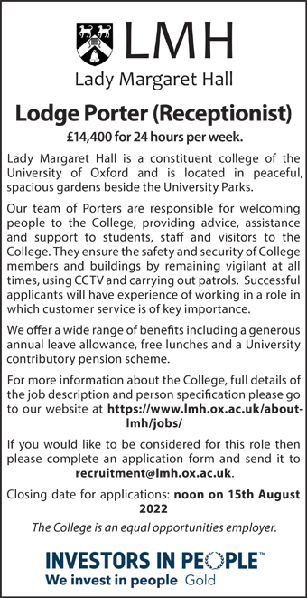 Lady Margaret Hall seeks Lodge Porter (Receptionist)